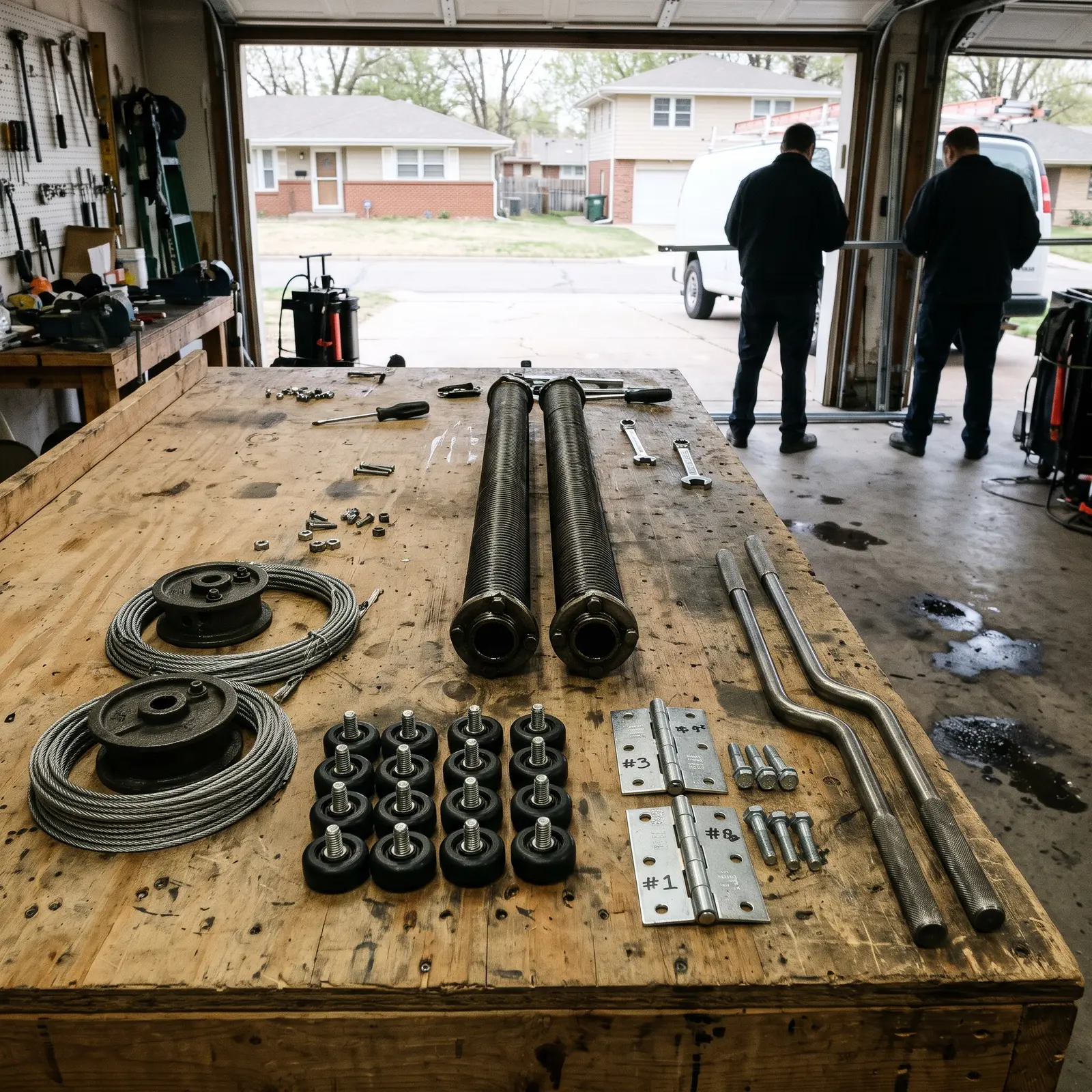 Garage door springs, cable drums, cables and rollers on a workbench