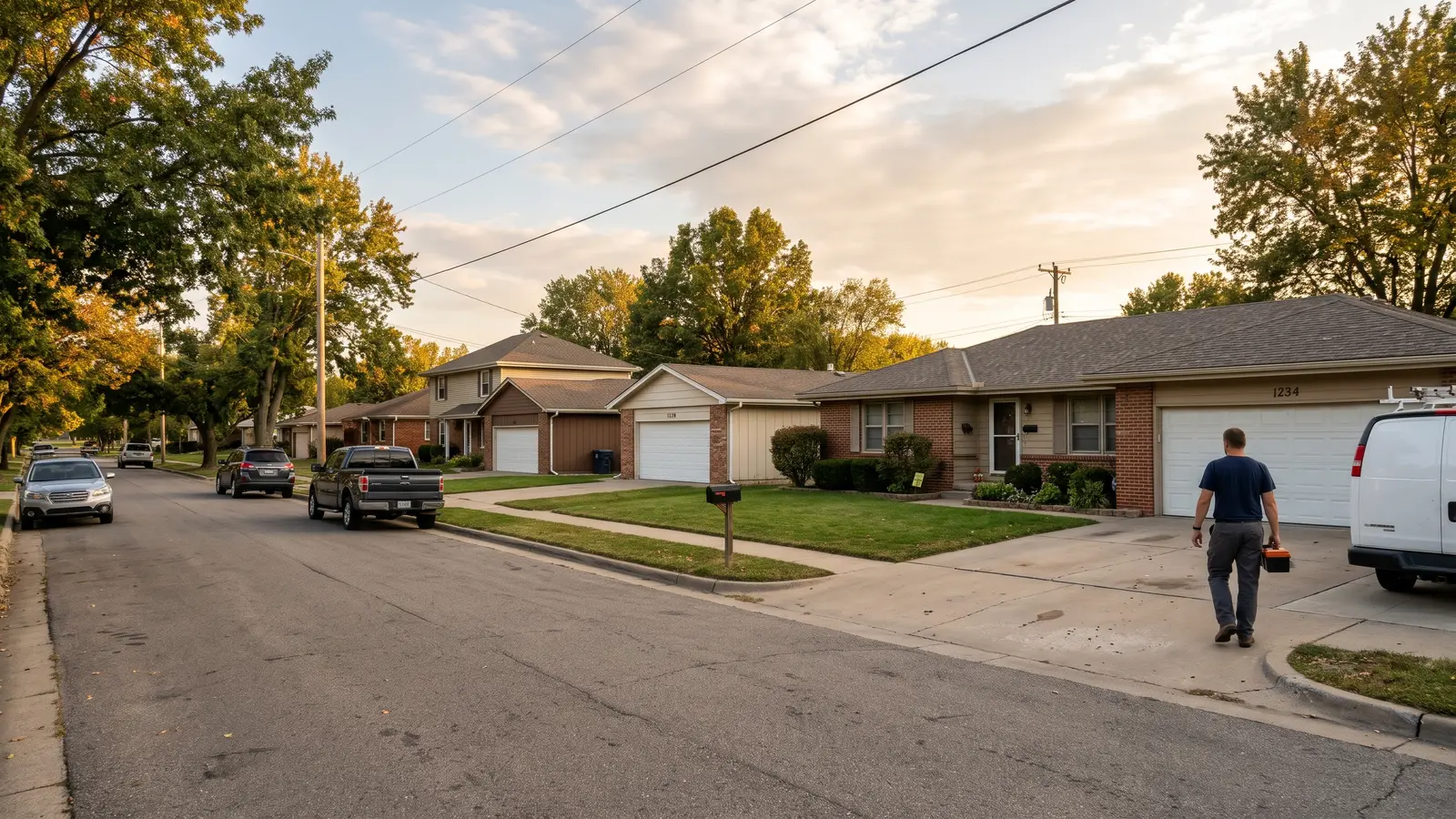 Quiet Wichita residential street with ranch homes and closed garage doors at golden hour