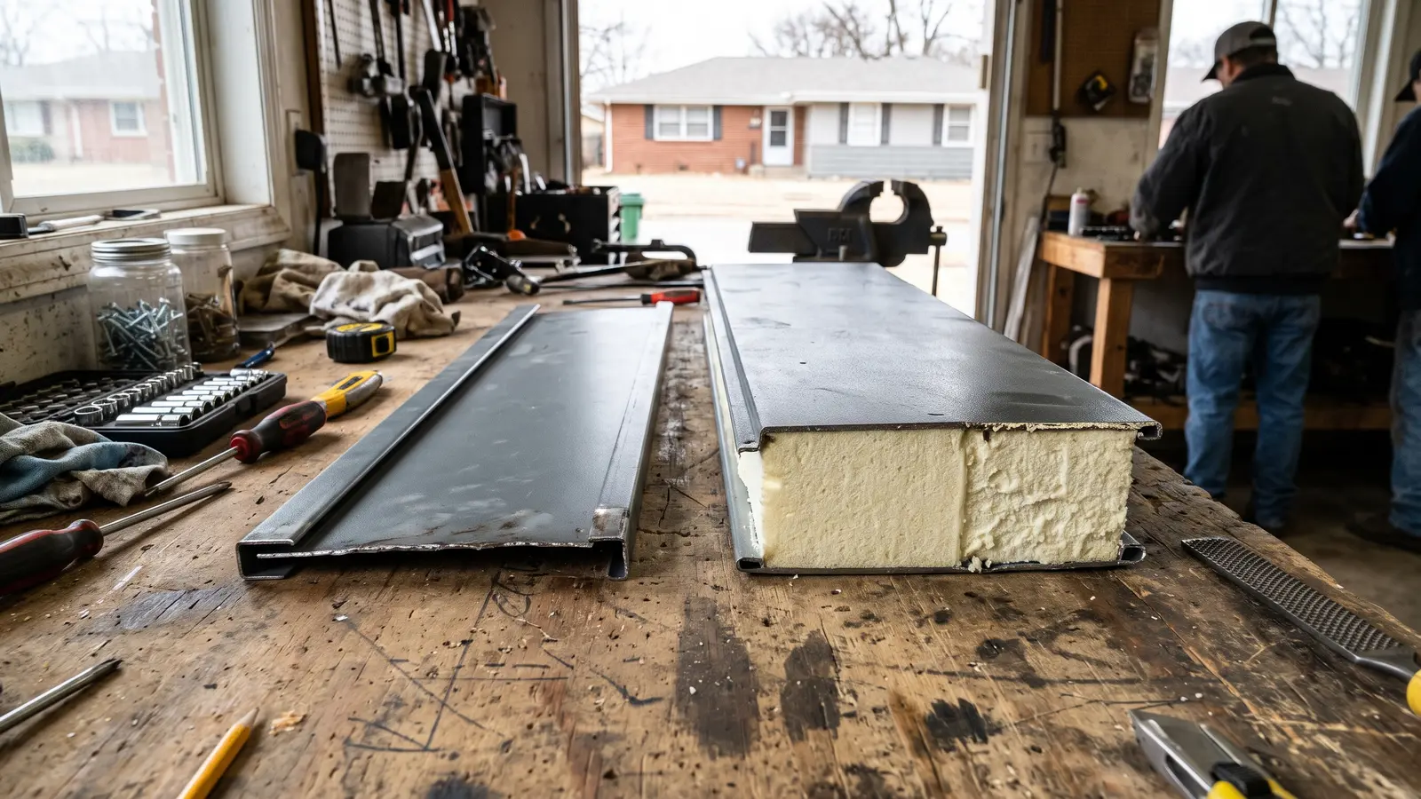 Cutaway of a triple-layer insulated steel garage door section beside a single-layer steel panel in a Wichita garage