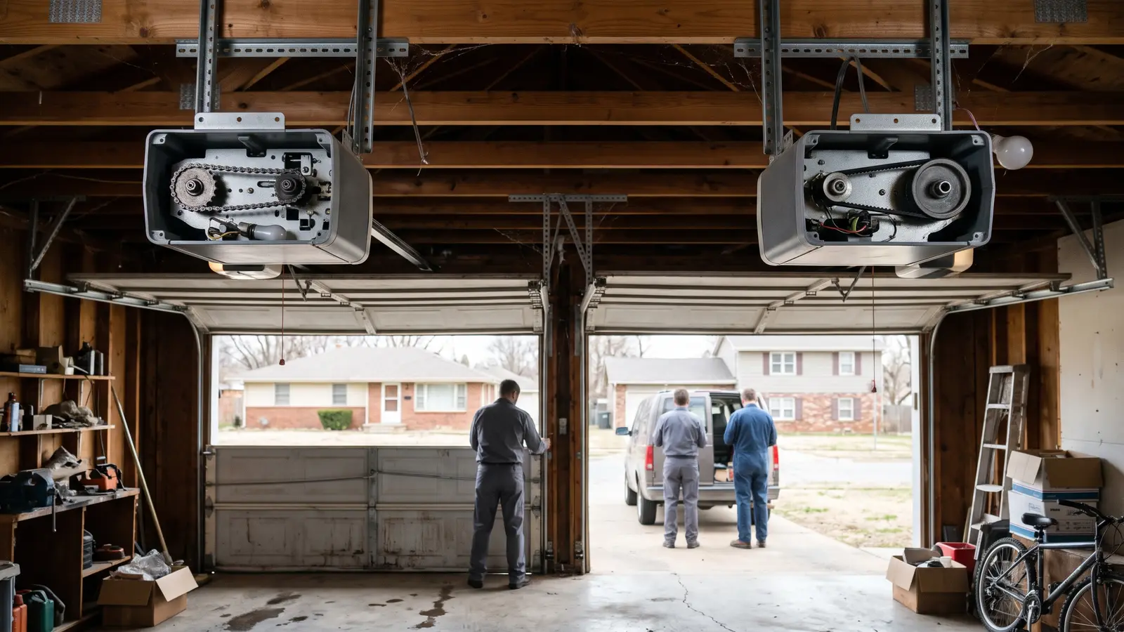 Belt drive garage door opener mounted on the ceiling of an attached garage in Wichita