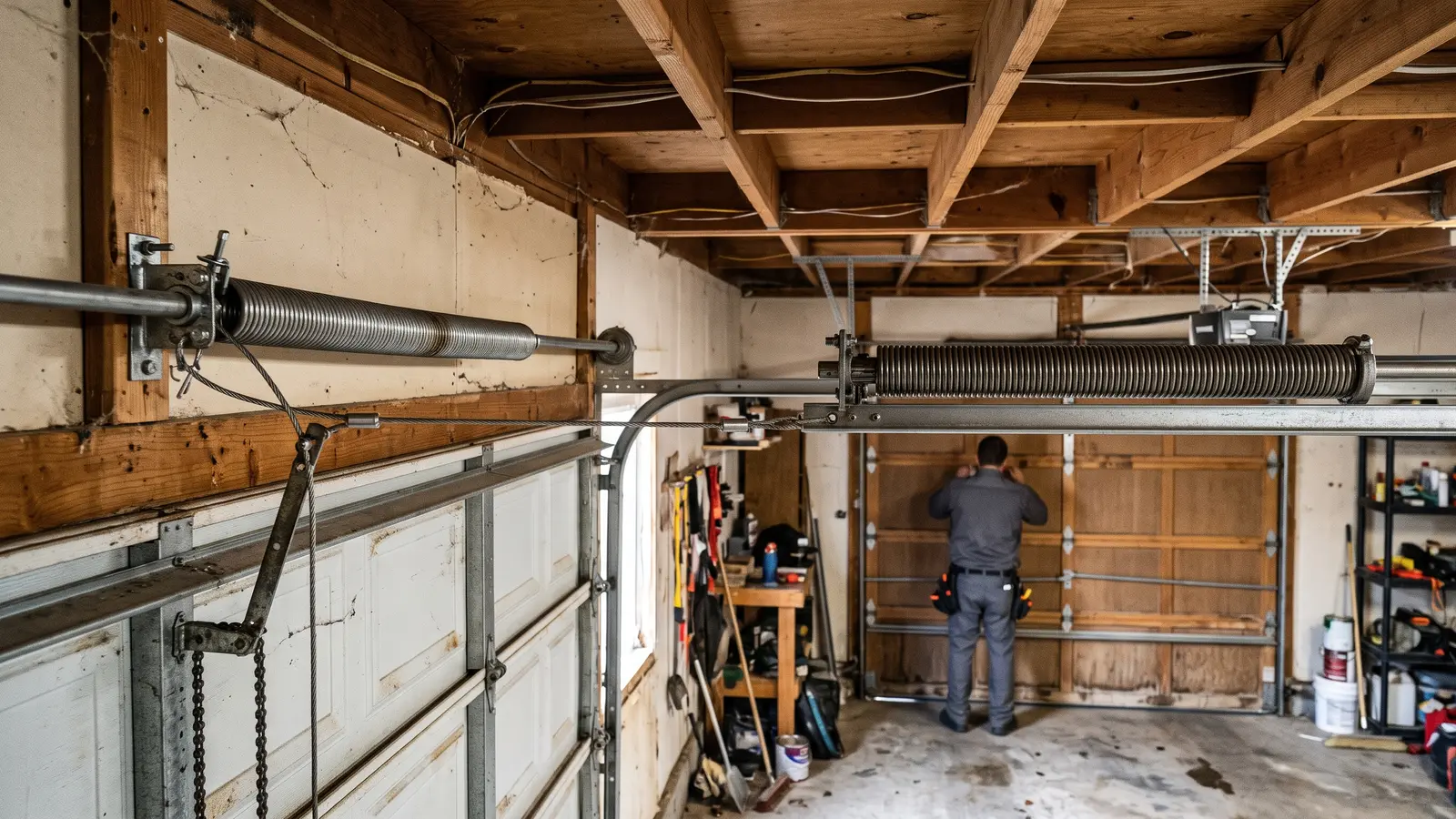 Torsion spring on a bar above a garage door next to an extension spring along the side track in a Wichita garage