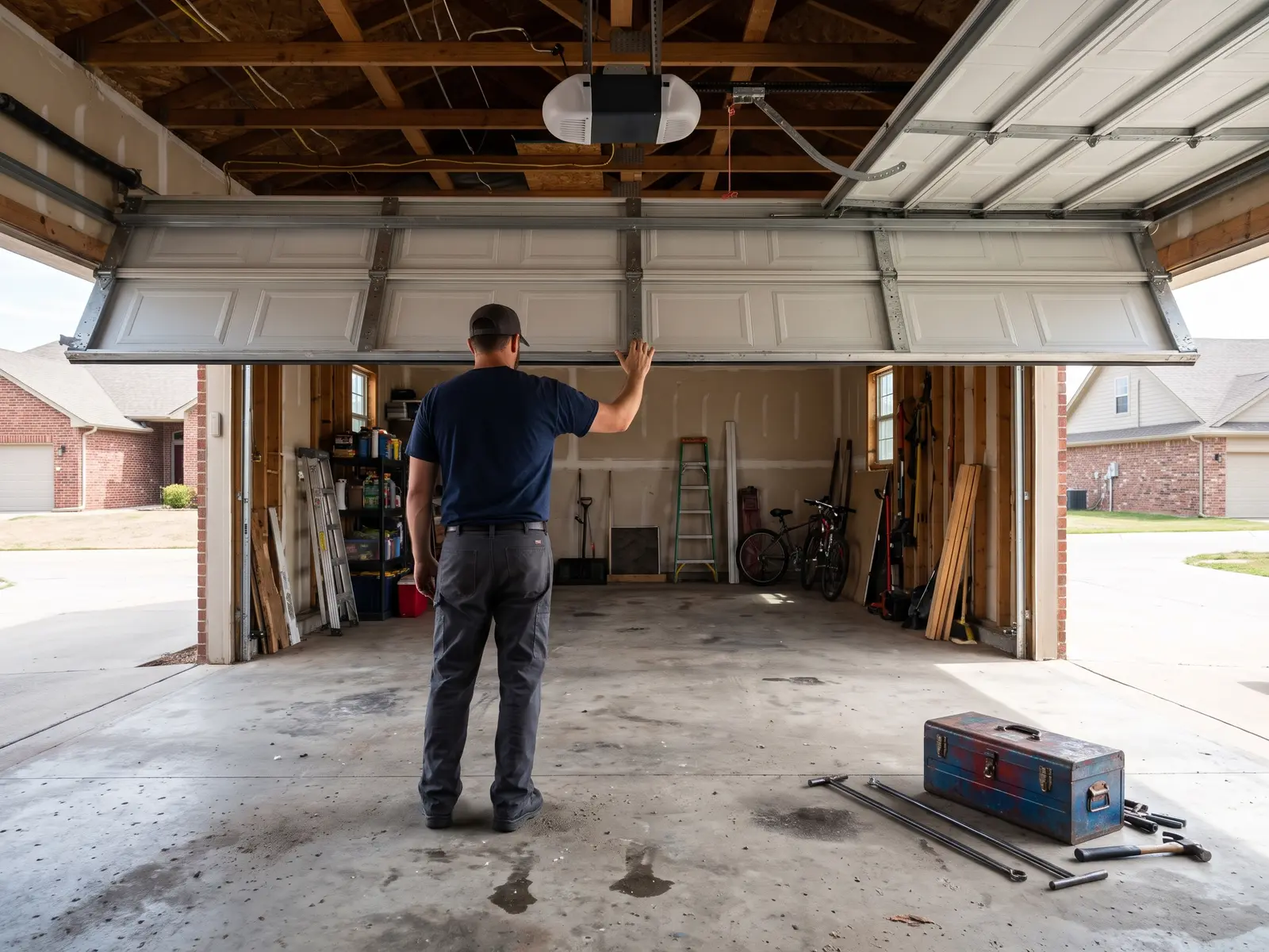 Technician checking the balance of a garage door inside a Wichita garage