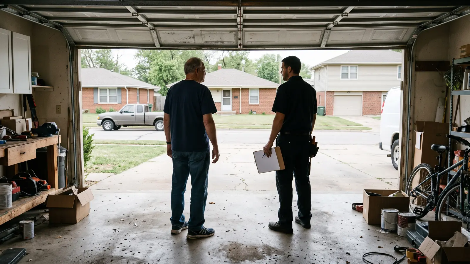 Technician replacing a garage door torsion spring on a double door in a Wichita garage