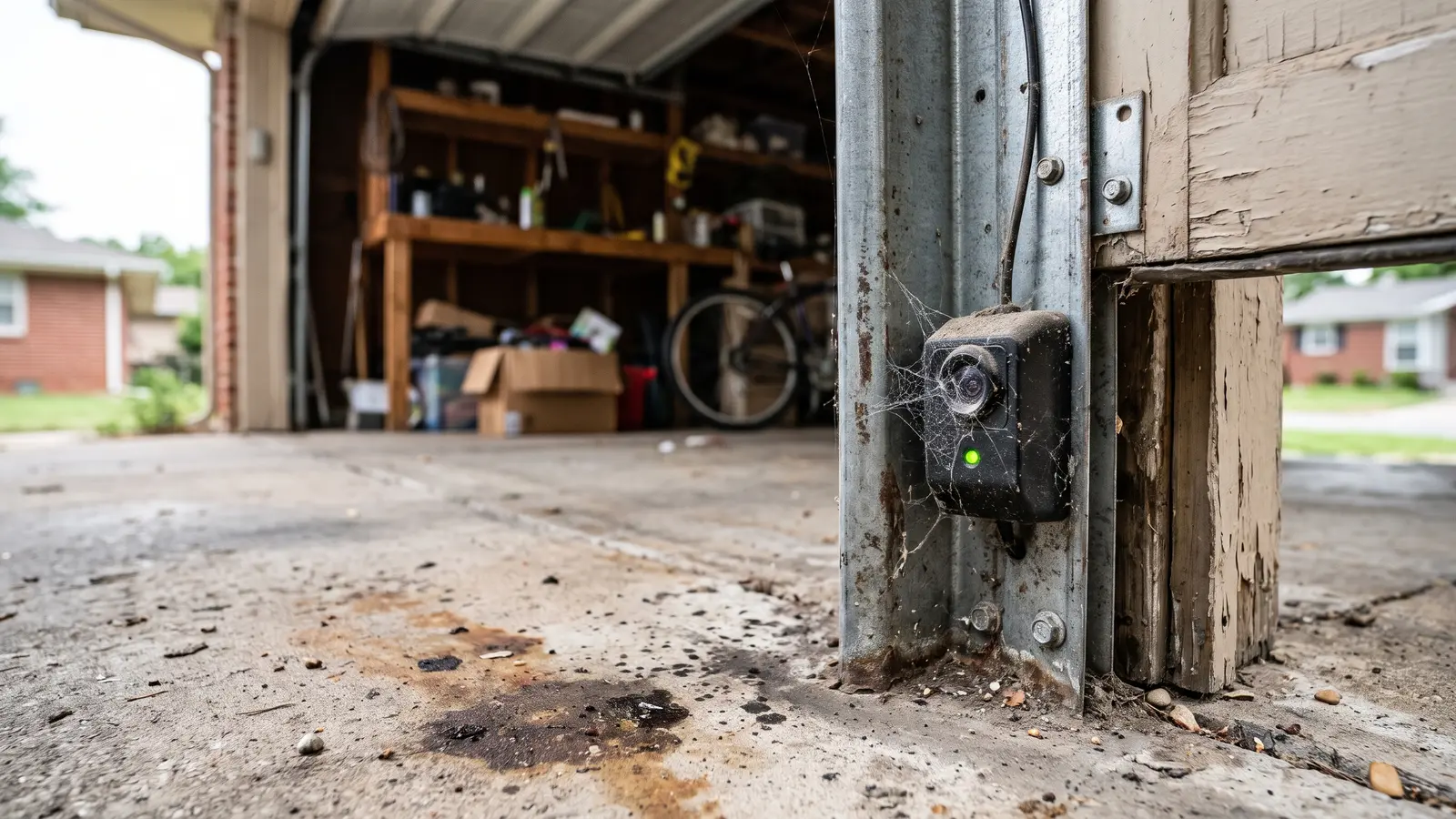 Safety sensor with blinking light at the base of a garage door track in a Wichita garage