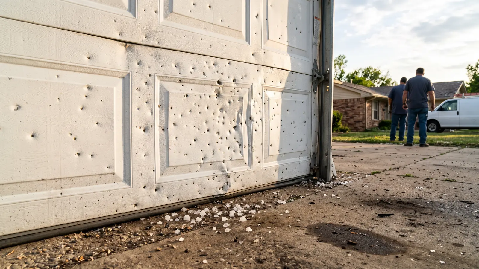 Hail dents across the panels of a white steel garage door after a Wichita storm