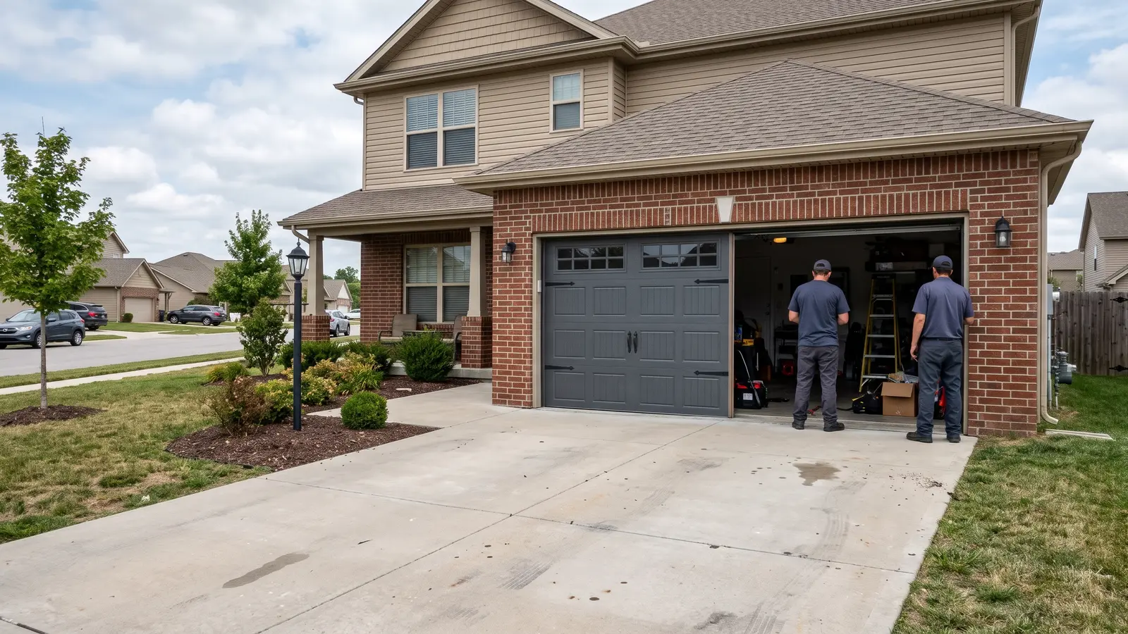 New insulated steel double garage door installed on a brick ranch home in Wichita