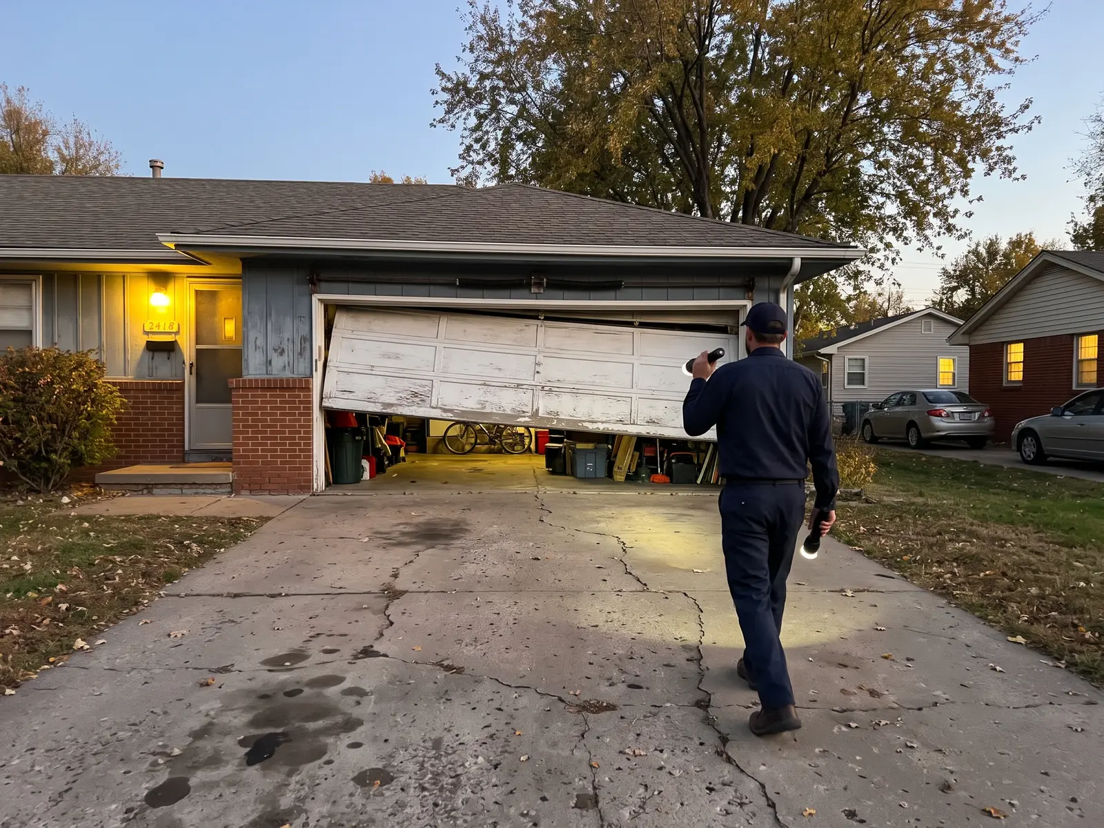 Garage door stuck partly open at night on a Wichita home, waiting for emergency repair