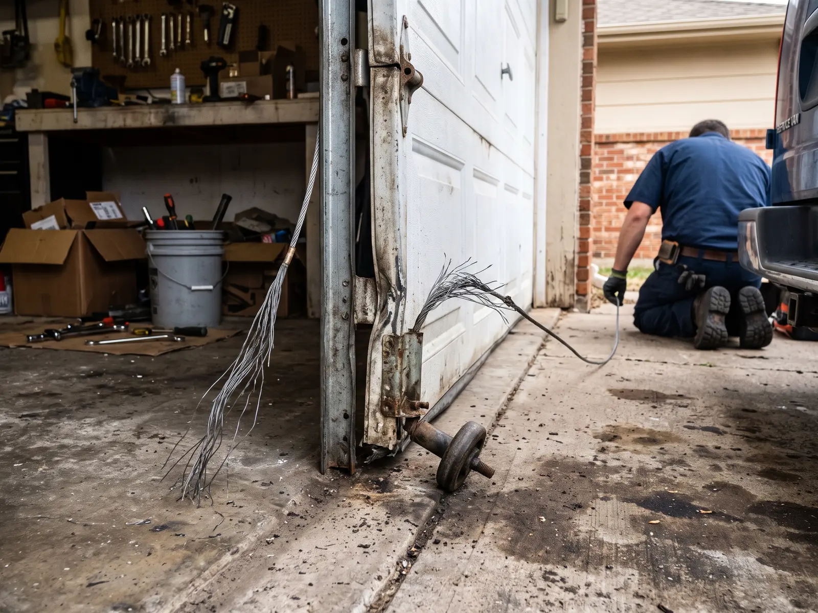 Frayed lift cable unwound from the drum on a garage door hanging crooked off its track in a Wichita garage