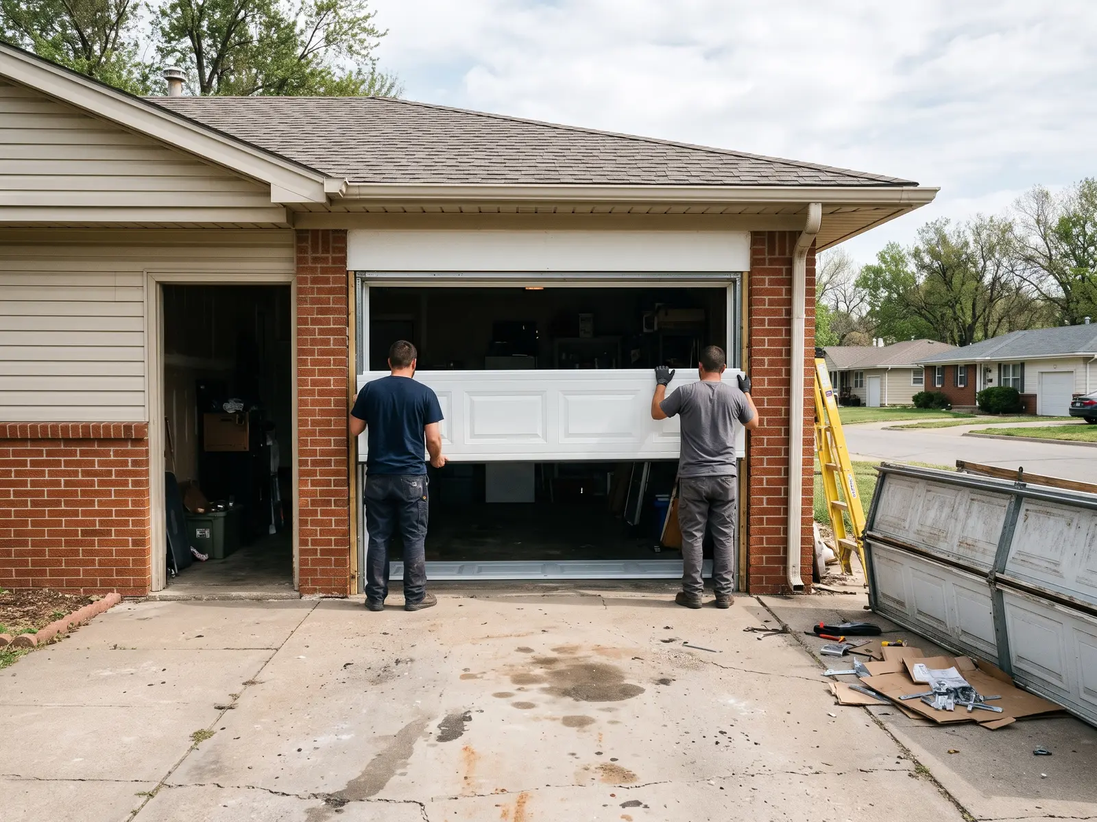 New insulated steel double garage door installed on a ranch home in Wichita, KS