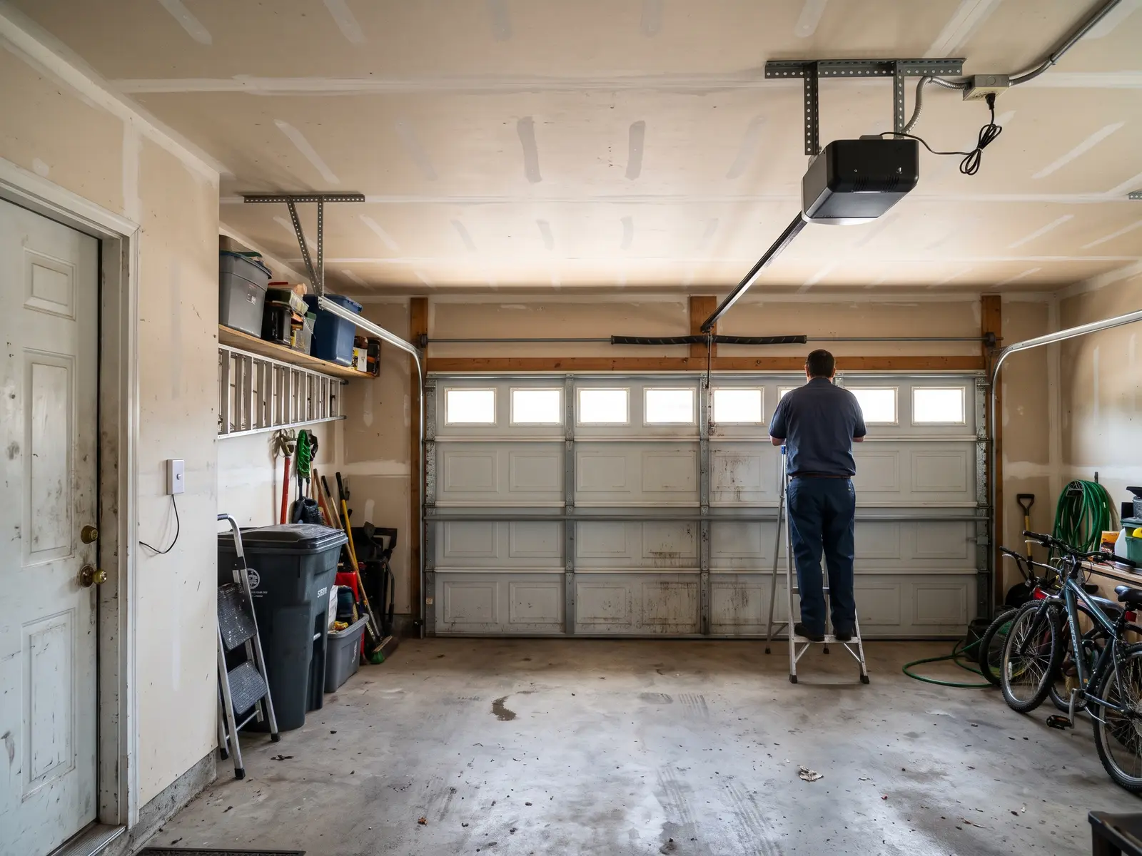 New belt drive garage door opener mounted on the ceiling of an attached garage in Wichita, KS