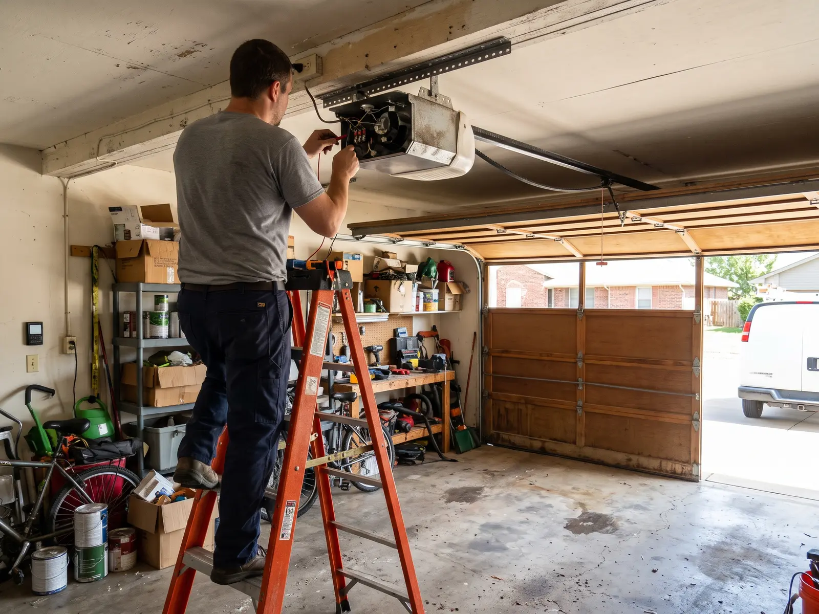 Technician on a ladder repairing a ceiling-mounted garage door opener in a Wichita garage