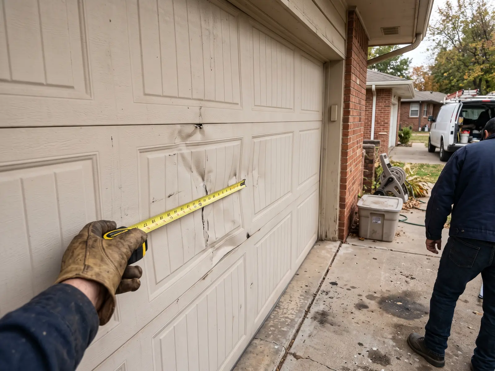 Dented bottom section of a white steel garage door being replaced on a Wichita home