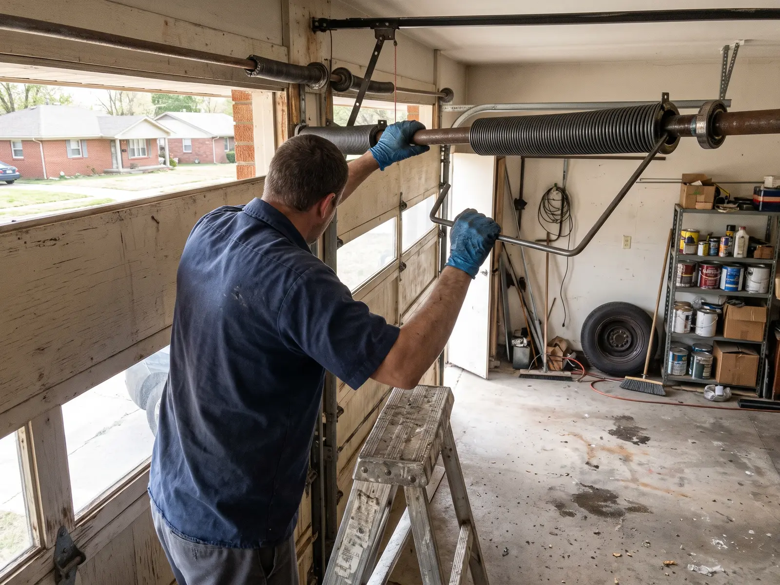 Technician installing a new torsion spring above a residential garage door in Wichita, KS