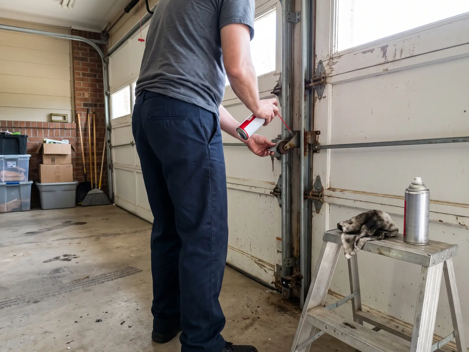 Technician lubricating rollers and hinges on a residential garage door during a tune-up in Wichita