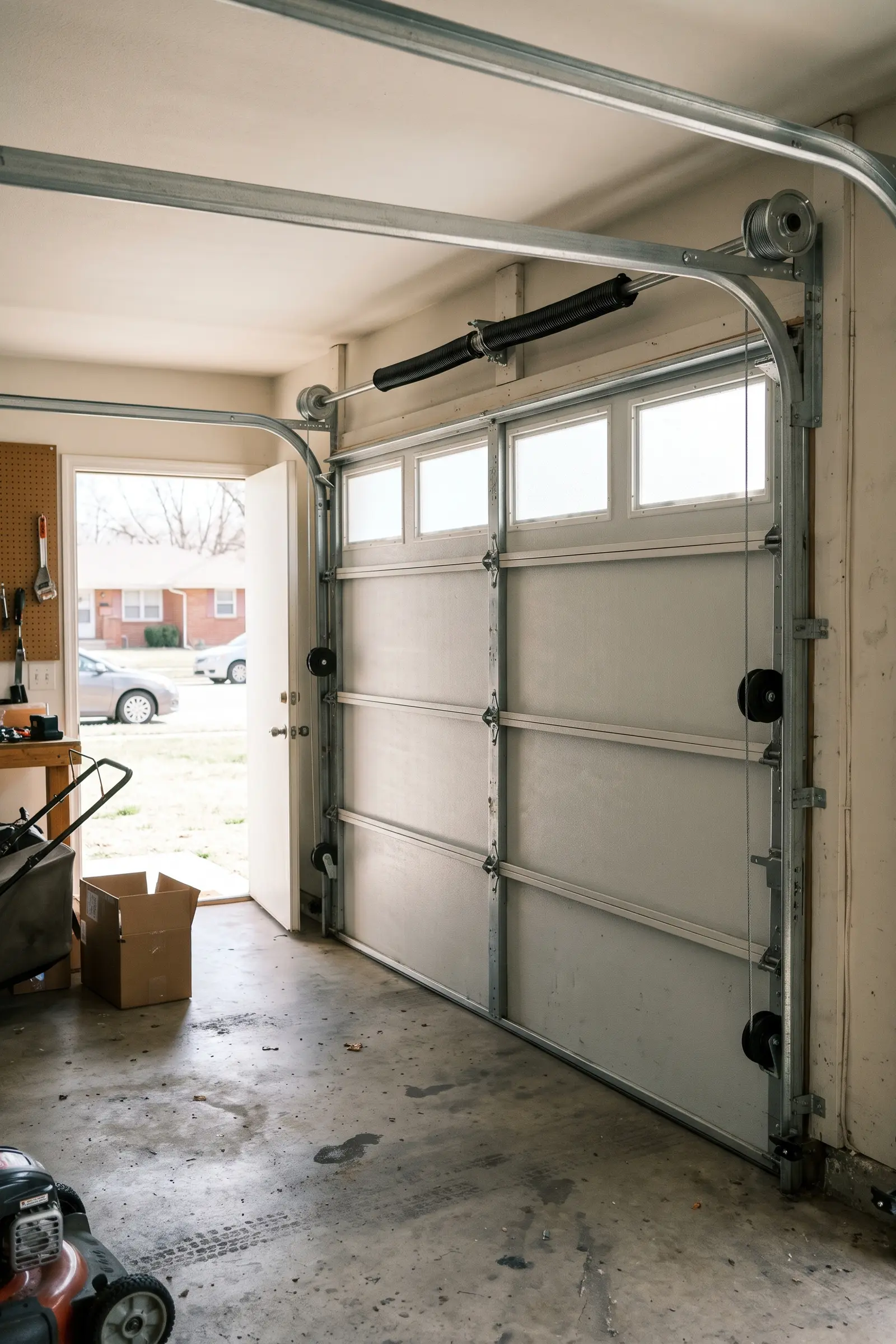 New torsion springs, cable drums and rollers on a freshly serviced garage door
